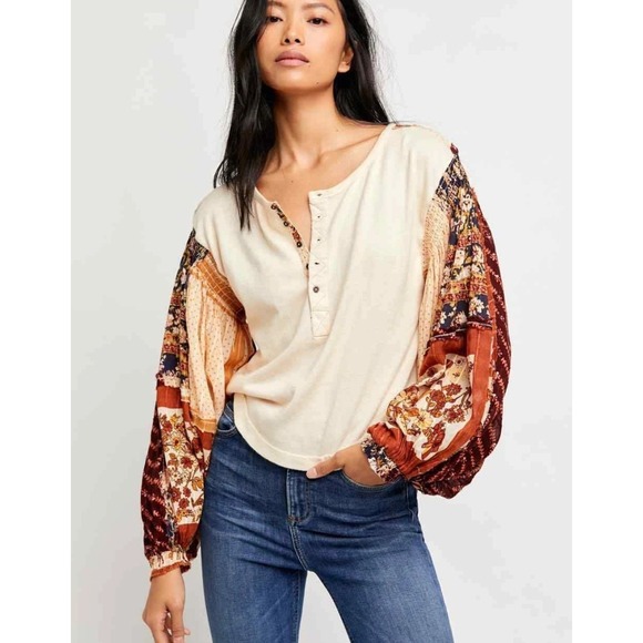 Free People Tops - Free People Light Magic Henley Top Sz Medium Cream Combo Balloon Floral Sleeves
